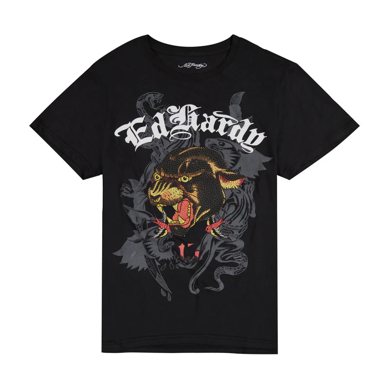 PANTHER HEAD THROWBACK RHINESTONE TEE