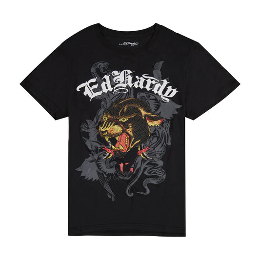 PANTHER HEAD THROWBACK RHINESTONE TEE