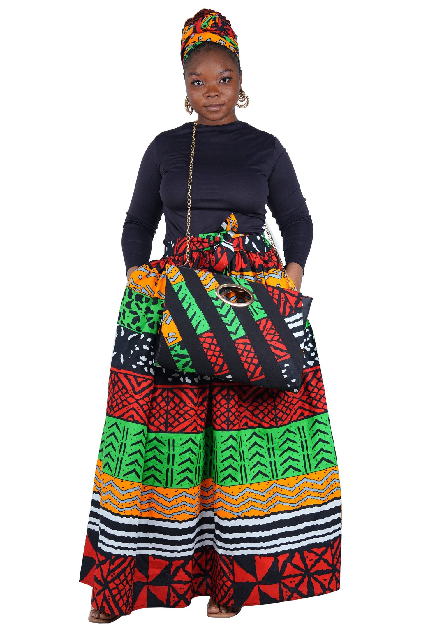 African Long Maxi Skirt With Handbag | One Size