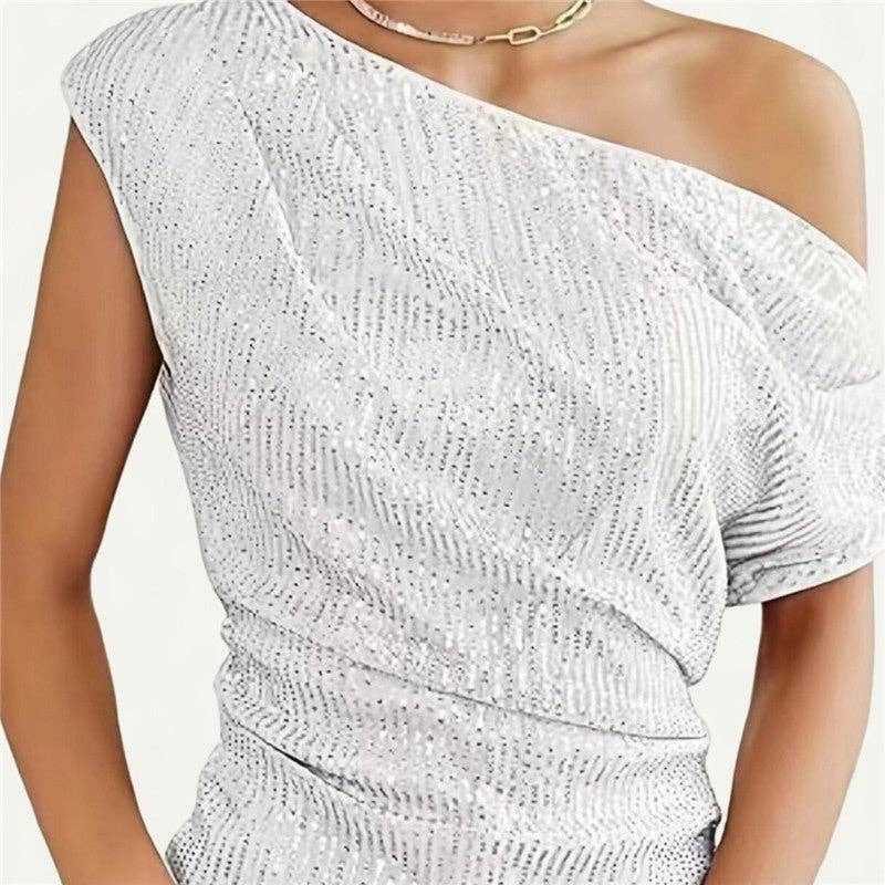 Glittery Short Sleeve T-Shirt With Slanted Neckline
