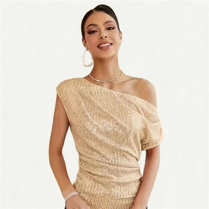 Glittery Short Sleeve T-Shirt With Slanted Neckline