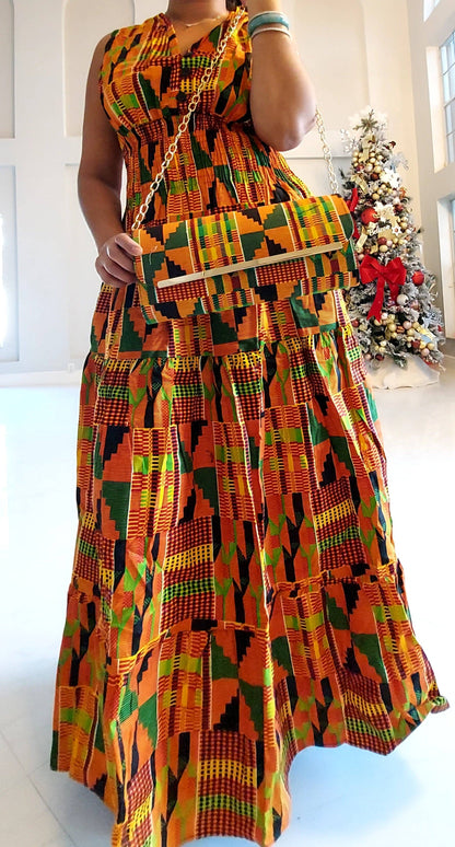 3028L Smocked Dress/Head Scarf - Orange Kente