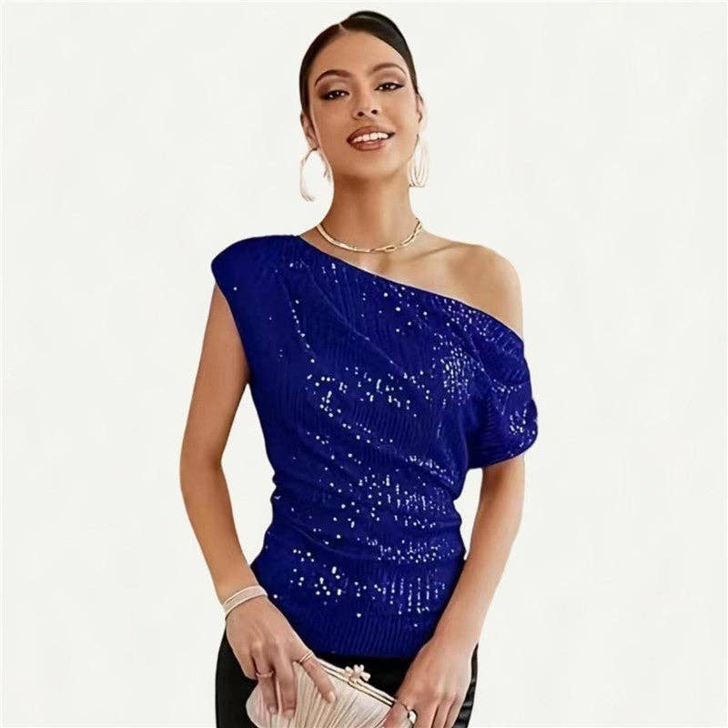 Glittery Short Sleeve T-Shirt With Slanted Neckline