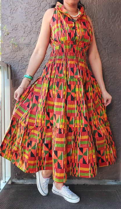 3028L Smocked Dress/Head Scarf - Orange Kente