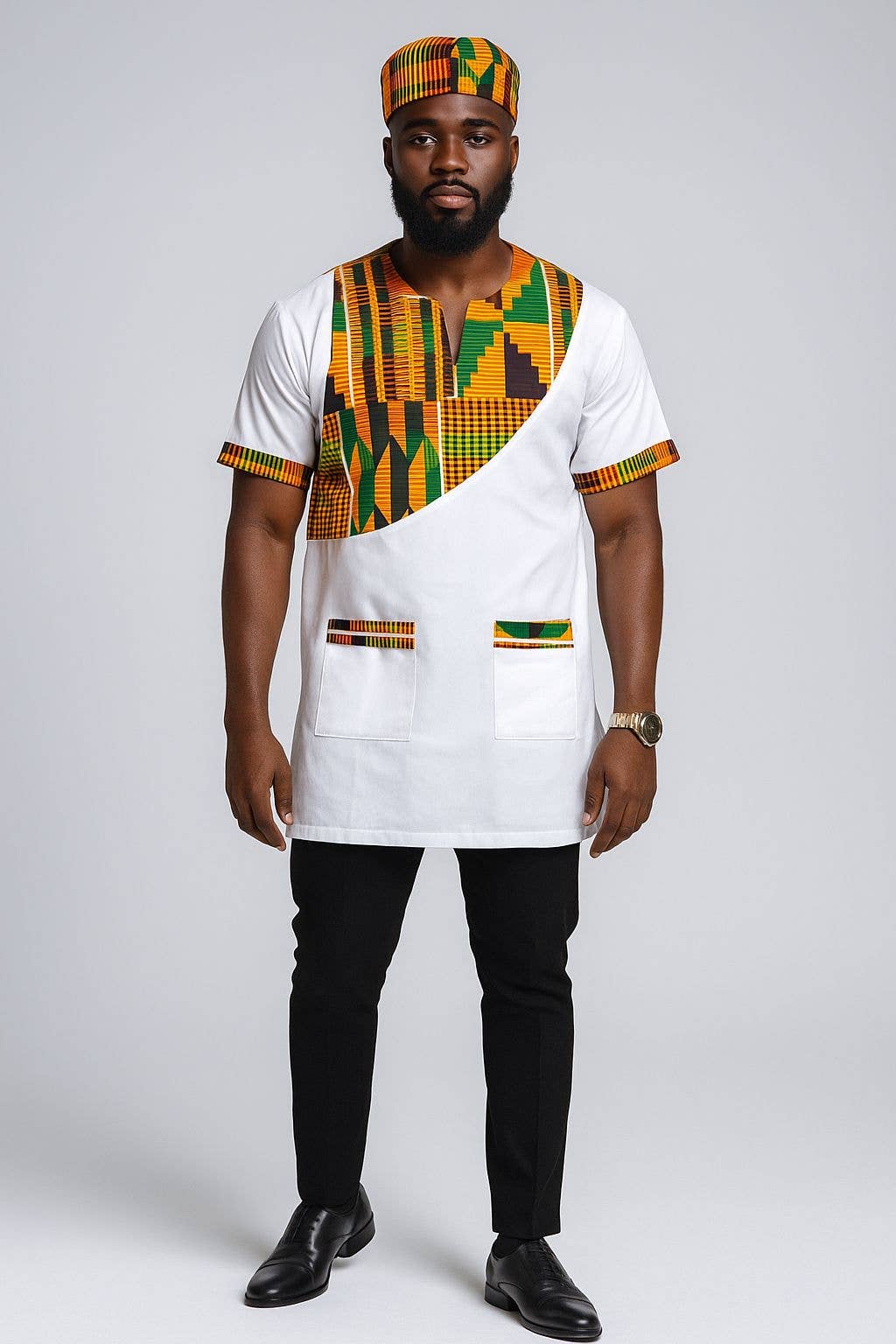 Men Tunic Shirt With Kufi Hat / Kente Accent- Black M040