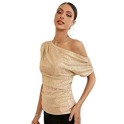 Glittery Short Sleeve T-Shirt With Slanted Neckline