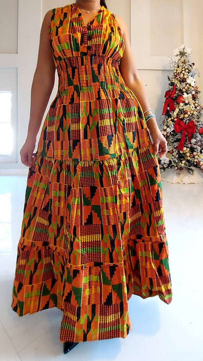 3028L Smocked Dress/Head Scarf - Orange Kente