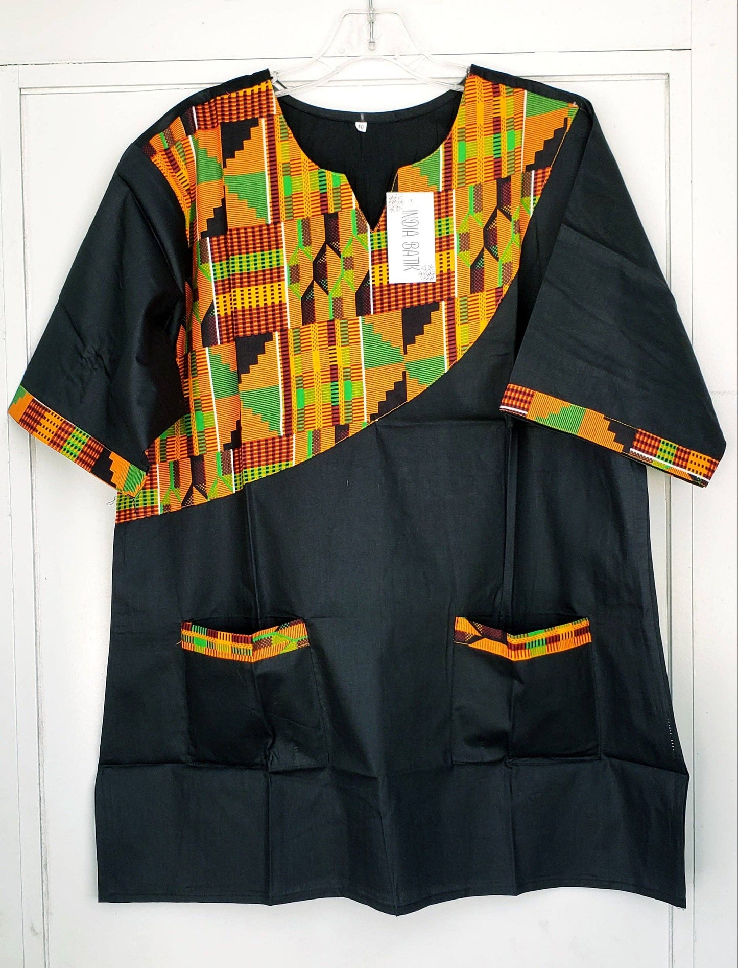Men Tunic Shirt With Kufi Hat / Kente Accent- Black M040