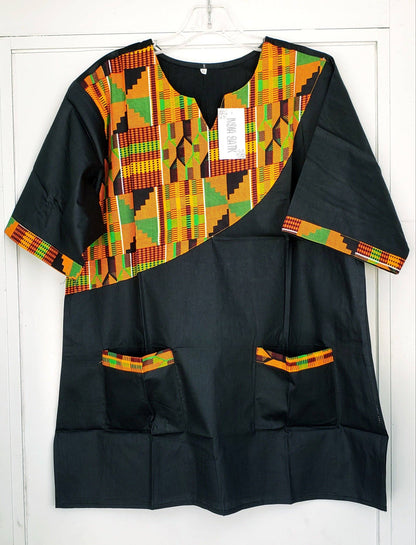 Men Tunic Shirt With Kufi Hat / Kente Accent- Black M040
