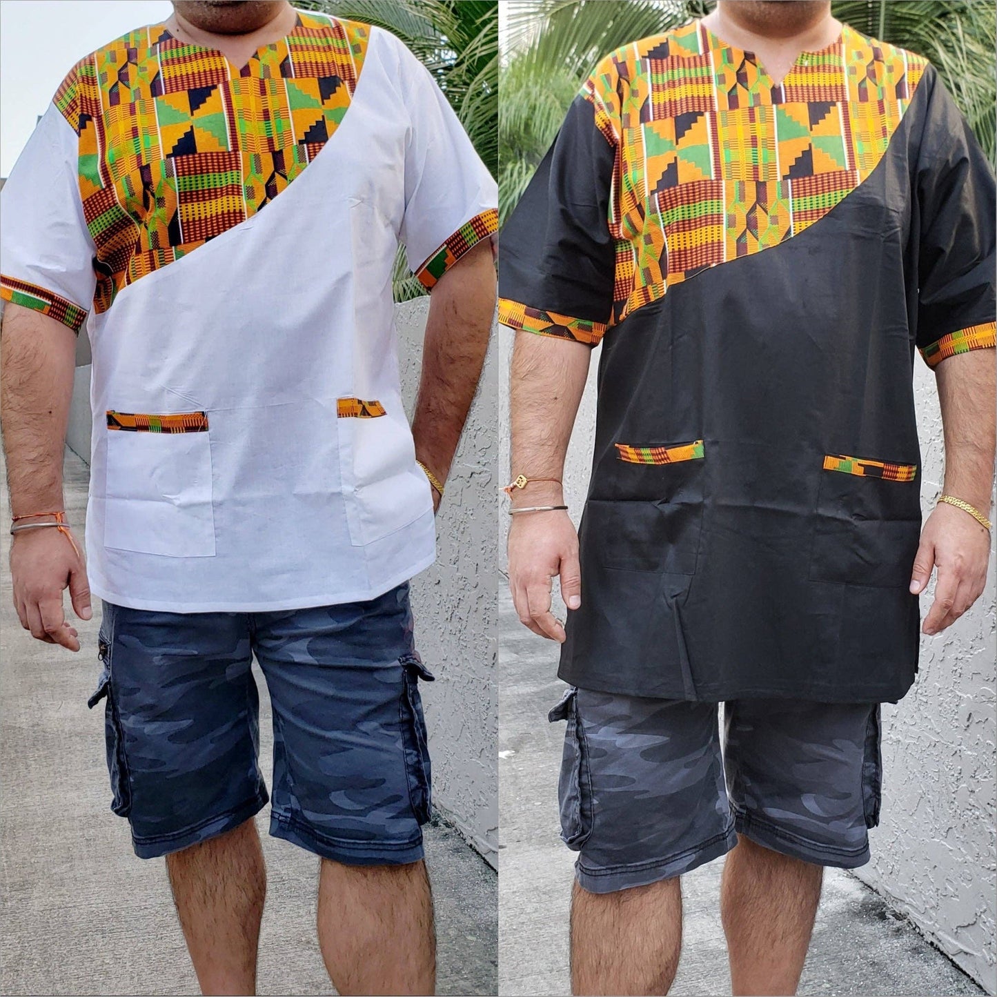 Men Tunic Shirt With Kufi Hat / Kente Accent- Black M040