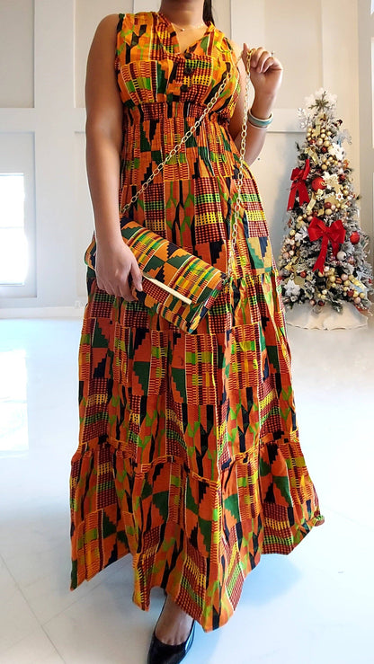 3028L Smocked Dress/Head Scarf - Orange Kente