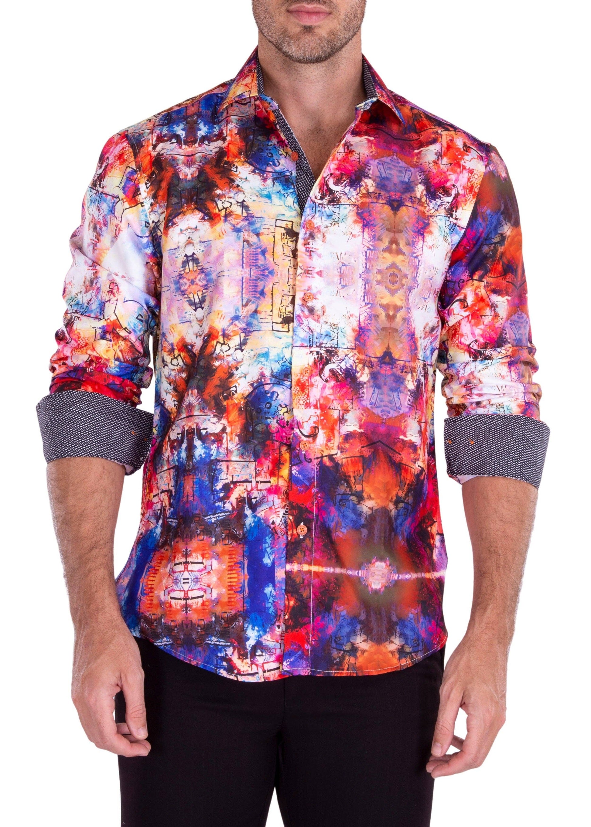 colorful dress shirt Button Down Shirt Men Colorful Paisley Dress Up Long Sleeve Fashion Red Pink Tee