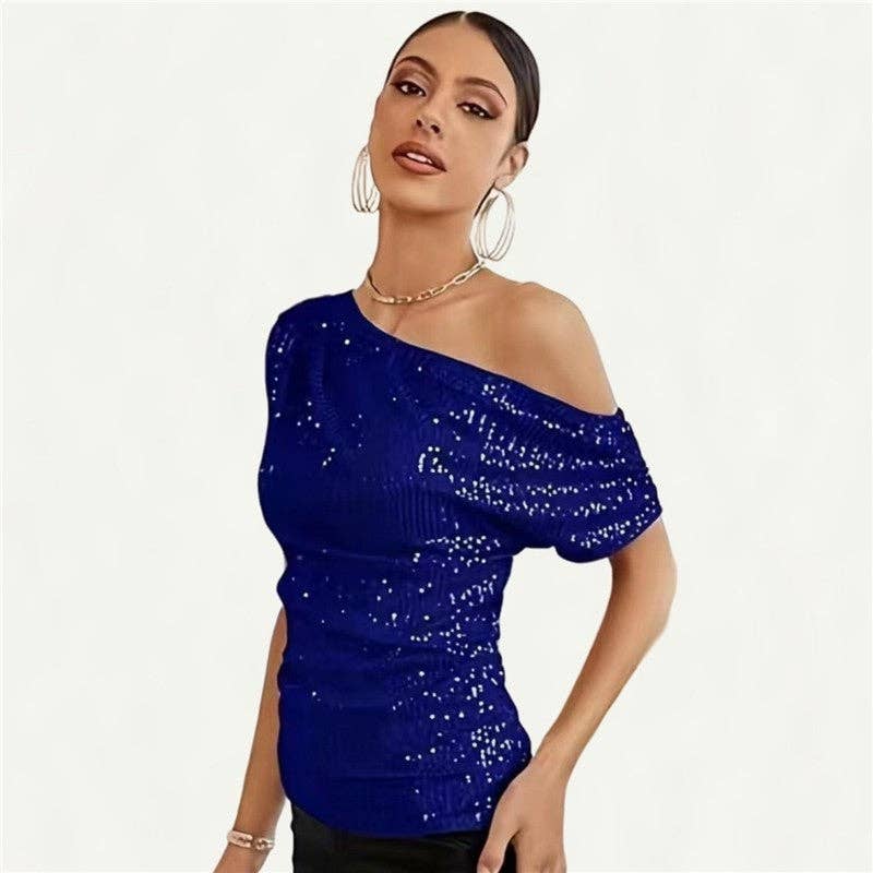 Glittery Short Sleeve T-Shirt With Slanted Neckline