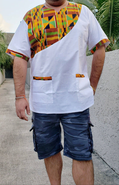 Men Tunic Shirt With Kufi Hat / Kente Accent- Black M040