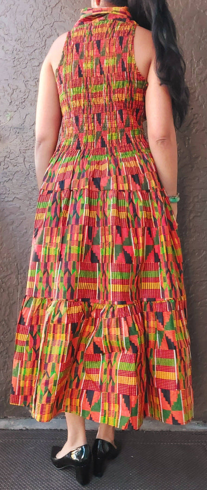 3028L Smocked Dress/Head Scarf - Orange Kente