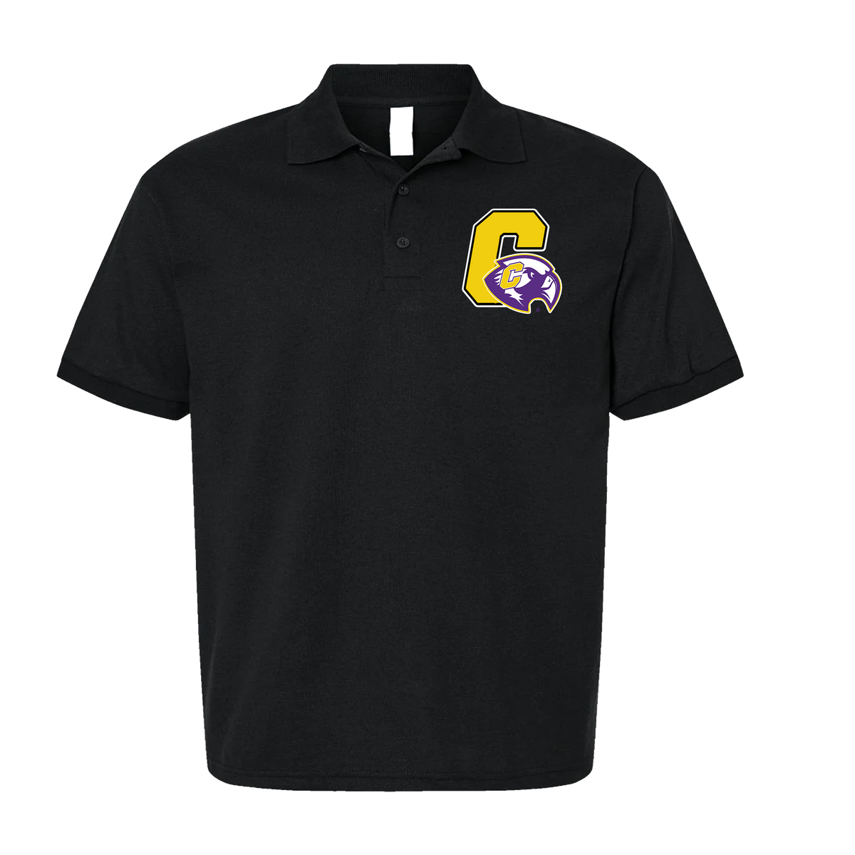 A black short-sleeve polo shirt with a yellow and purple embroidered letter 'C' and wolf mascot logo on the left chest, displayed on a solid white background.