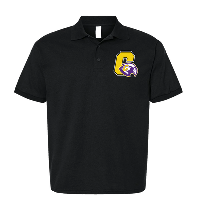 A black short-sleeve polo shirt with a yellow and purple embroidered letter 'C' and wolf mascot logo on the left chest, displayed on a solid white background.