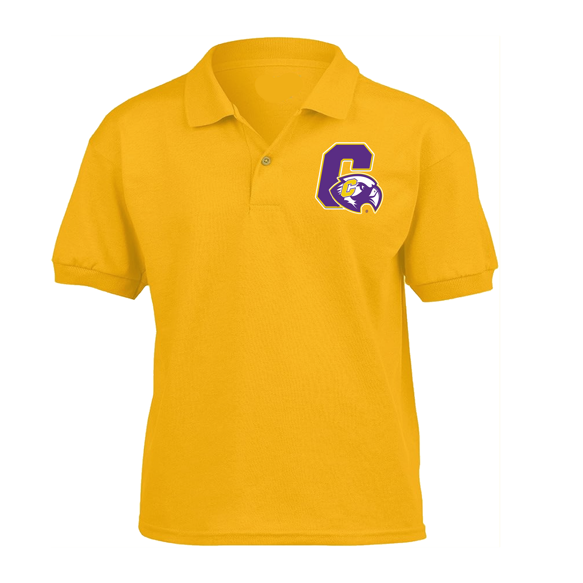 A yellow short-sleeve polo shirt with a purple and gold letter 'C' and mascot logo on the left chest, displayed on a solid white background.
