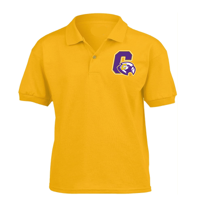 A yellow short-sleeve polo shirt with a purple and gold letter 'C' and mascot logo on the left chest, displayed on a solid white background.