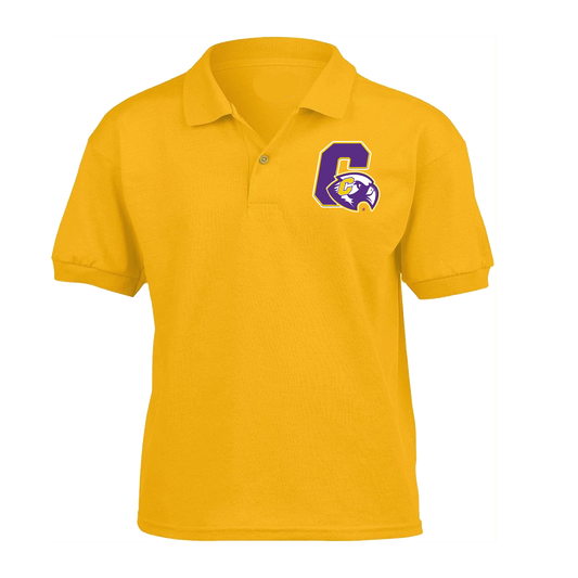 A yellow short-sleeve polo shirt with a purple and gold letter 'C' and mascot logo on the left chest, displayed on a solid white background.