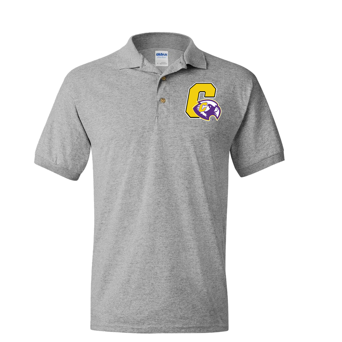 A heather gray short-sleeve polo shirt with a yellow and purple letter 'C' and mascot graphic on the left chest, displayed on a solid white background.