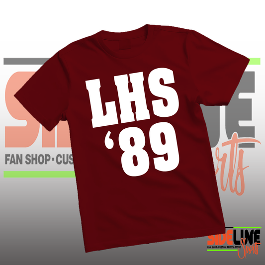 Maroon t-shirt with 'LHS '89' printed in white on a gray background