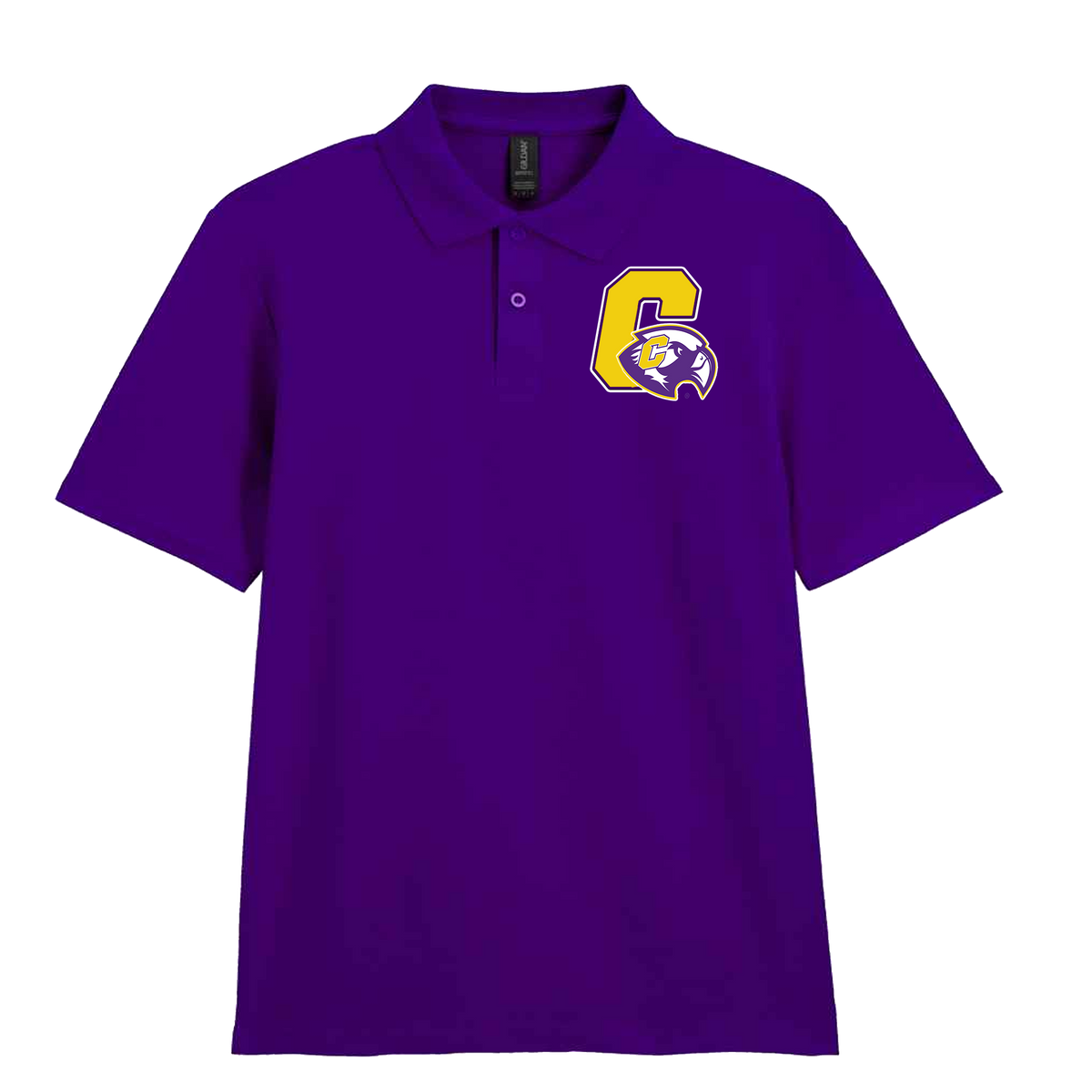 A purple short-sleeve polo shirt with a small embroidered yellow and purple letter 'C' and mascot logo on the left chest, displayed on a clean white background.