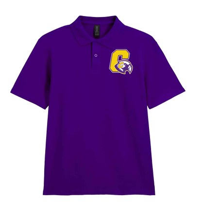 A purple short-sleeve polo shirt with a small embroidered yellow and purple letter 'C' and mascot logo on the left chest, displayed on a clean white background.