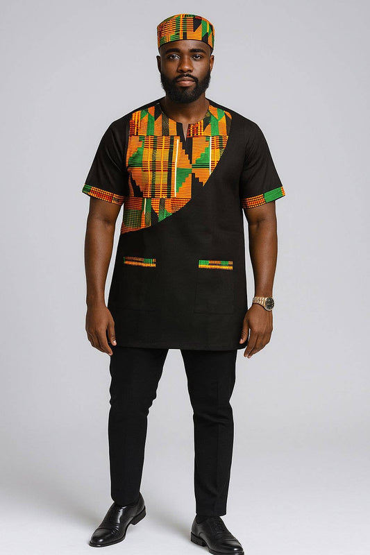 Men Tunic Shirt With Kufi Hat / Kente Accent- Black M040