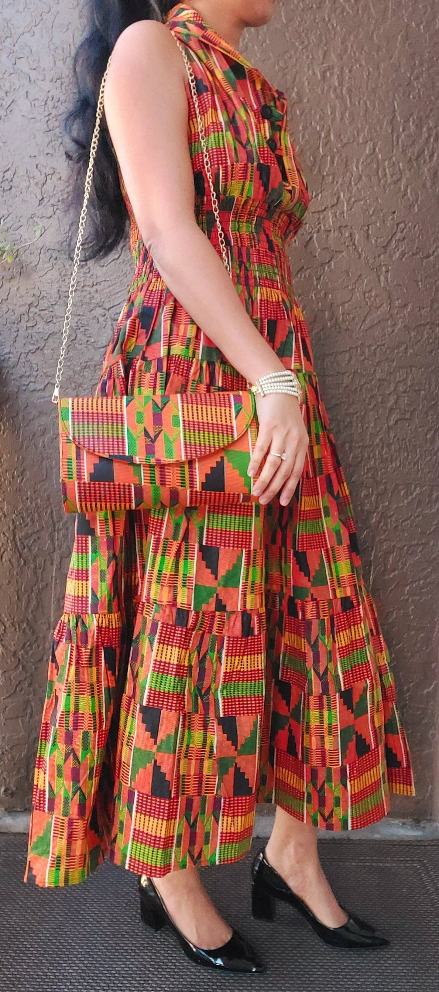 3028L Smocked Dress/Head Scarf - Orange Kente