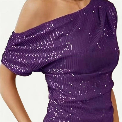 Glittery Short Sleeve T-Shirt With Slanted Neckline