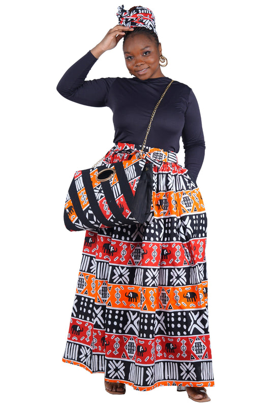 African Long Maxi Skirt With Handbag | One Size