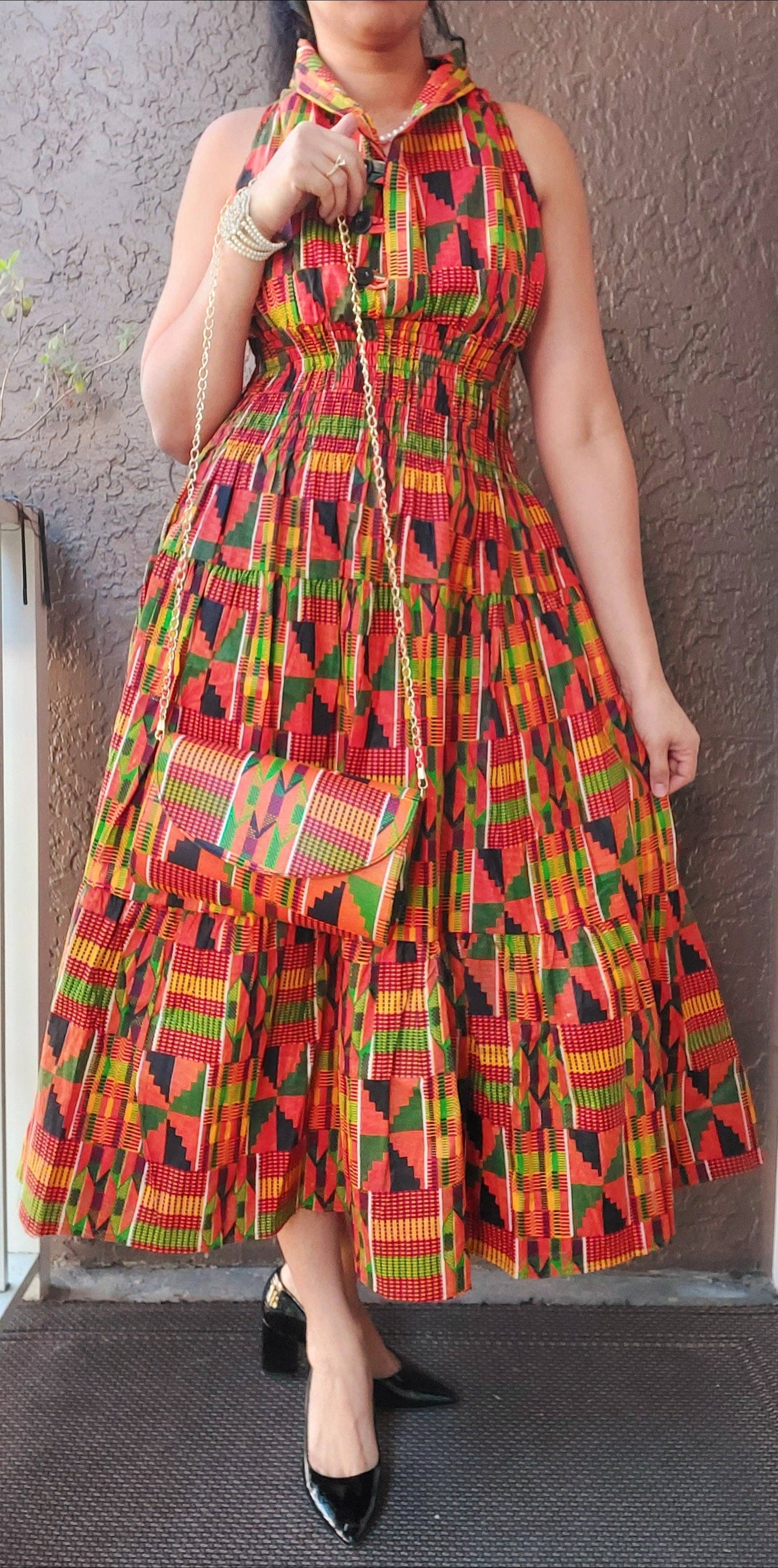 3028L Smocked Dress/Head Scarf - Orange Kente
