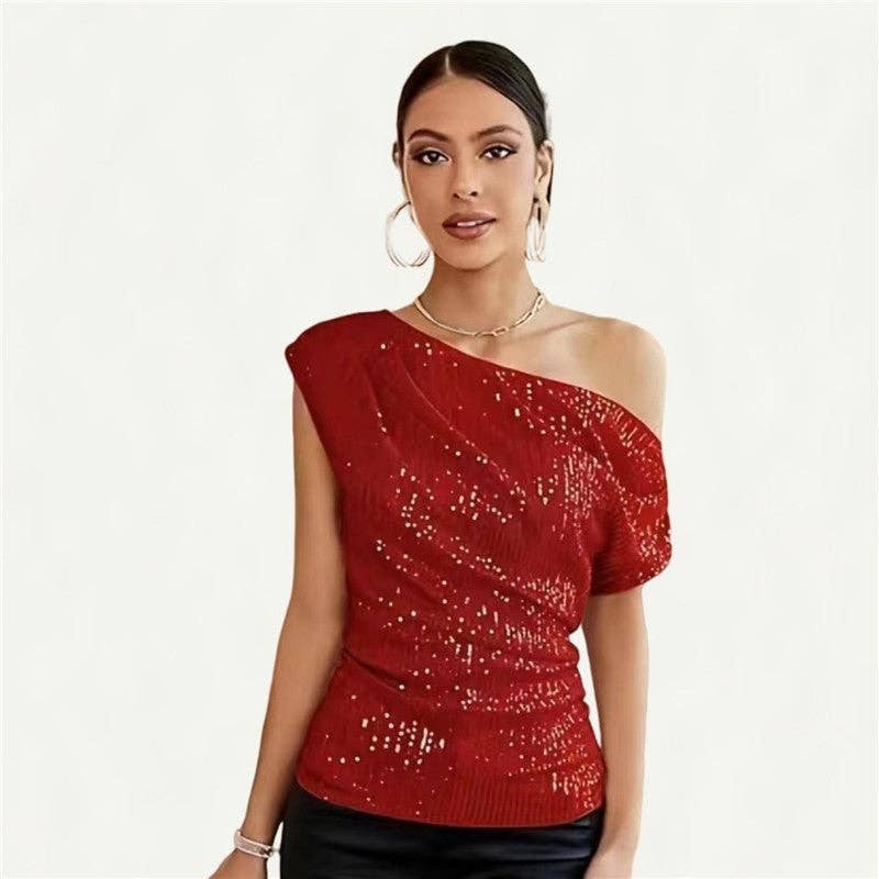 Glittery Short Sleeve T-Shirt With Slanted Neckline