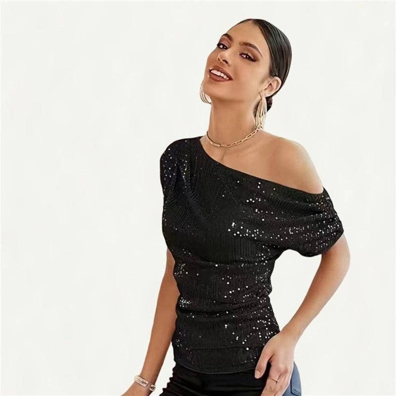 Glittery Short Sleeve T-Shirt With Slanted Neckline